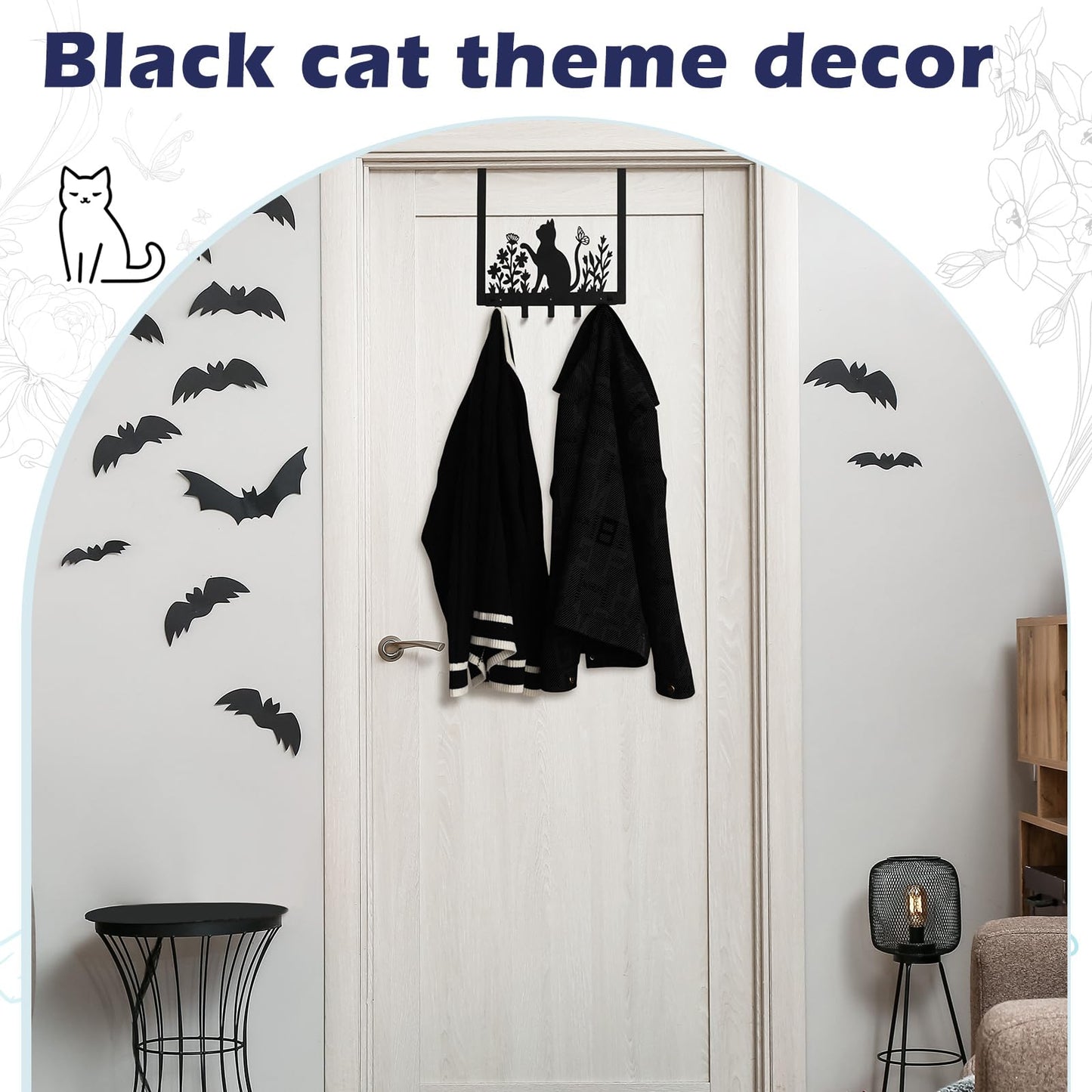 Reallnaive Black Cat Over The Door Hooks Gothic Bathroom Decor Hanger Wall Mount Rack Holder for Towel, Hat, Coat, Cloth, Keychain, Bag, Christmas Gift for Cat Lovers