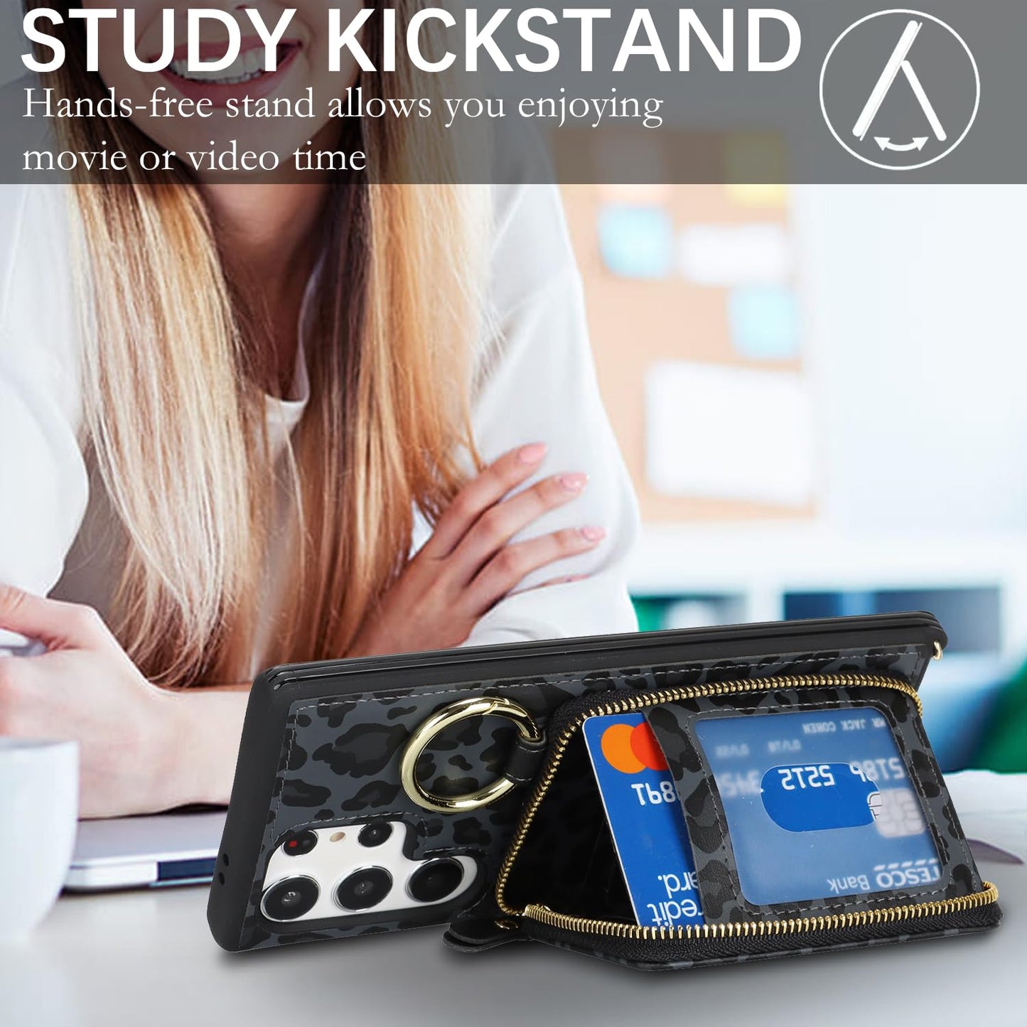 Hamany Crossbody Wallet Case for Galaxy S24 Ultra, PU Leather Zipper Handbag Purse Flip Cover, Kickstand Folio Case with Card Slots Holder Wrist Strap Lanyard -Black Leopard