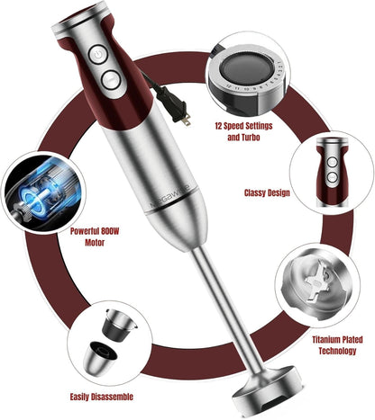 3- in-1 Immersion Hand blender, Powerful MOTOR & Stainless Steel Stick Blender, 4 Sharp Blades with Whisk, Milk Frother Attachments