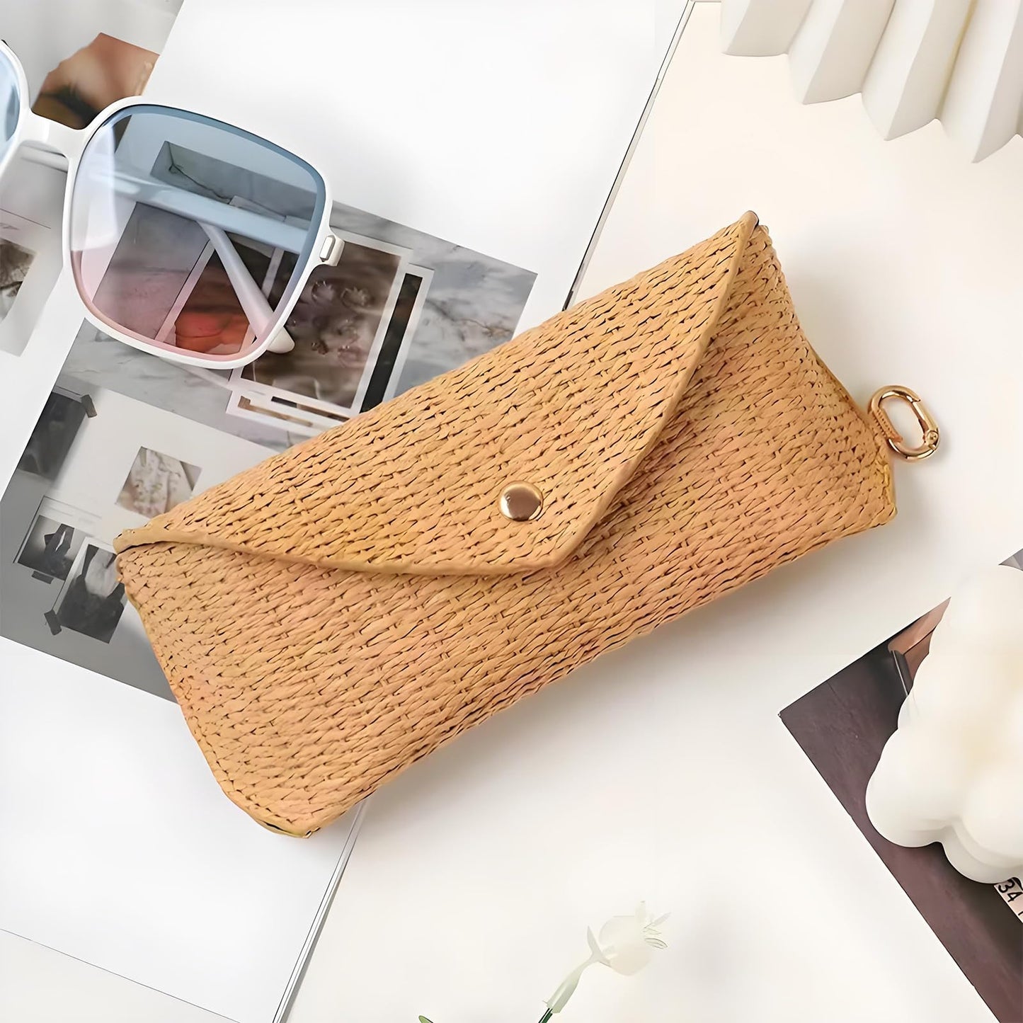 kytasryl Soft Leather Sunglasses Bag,Travel Sunglass Holder Eyeglass Case Portable Slim Sunglasses Pouch (Woven Straw)