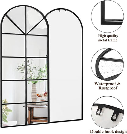 Full Length Mirror, 65"x22" Arched Window Pane Mirrors for Wall Decor, Black Full Body or Wall Mounted Mirrors, Farmhouse Standing Mirror Hanging or Leaning for Living Room, Entryway, No Stand