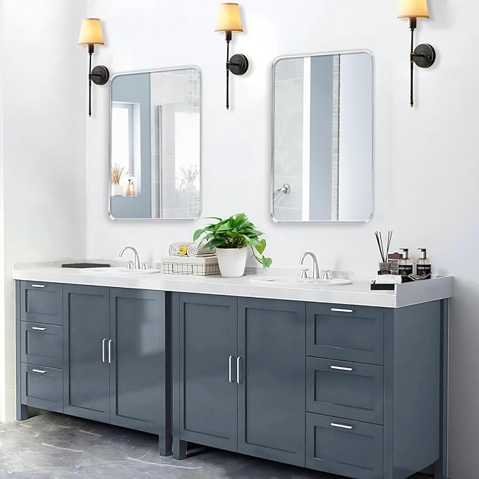 Wall Mount Mirror for Bathroom, Brushed Silver Metal Framed Rounded Corner Rectangular Vanity Mirror (24" x 36", Silver)