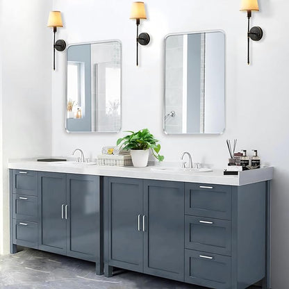 Brushed Nickel Bathroom Wall Mirror, Silver Metal Framed Large Rounded Corner Rectangle Mirror, Tempered Glass, Shatter Proof, Hangs Horizontally or Vertically (40" x 30", Silver)