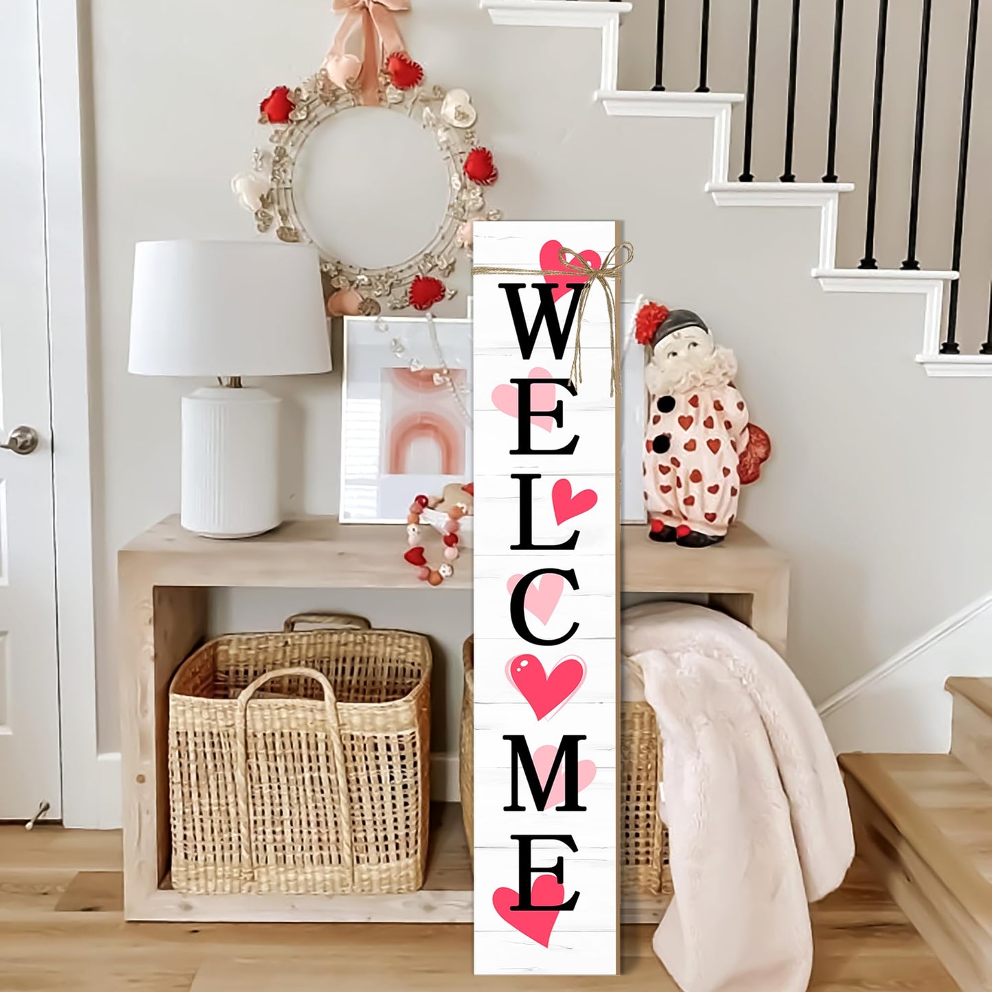 Valentine's Day Wooden Porch Sign 47" Spring Large Welcome Porch Sign for Home Front Door Yard Couple Party Decor (Red)