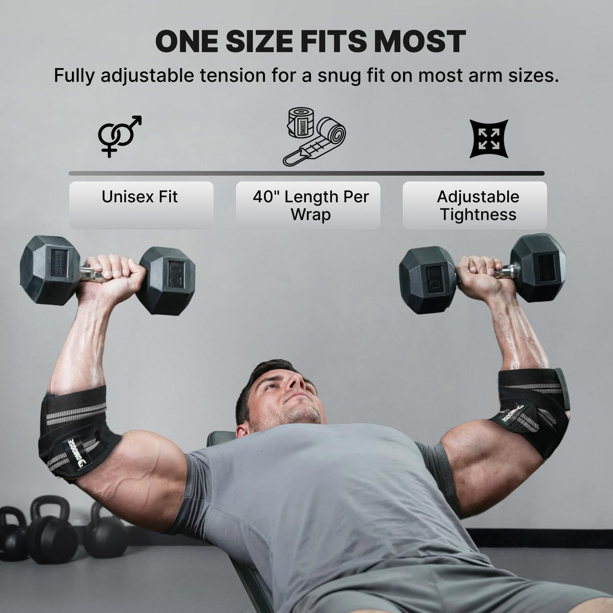 DMoose Fitness Elbow Wraps for Weightlifting (Pair) - 40'' Adjustable Elbow Strap for Gym Workout, Bench Press & Powerlifting - Compression Wraps for Tendonitis & Joint Support (Tan)