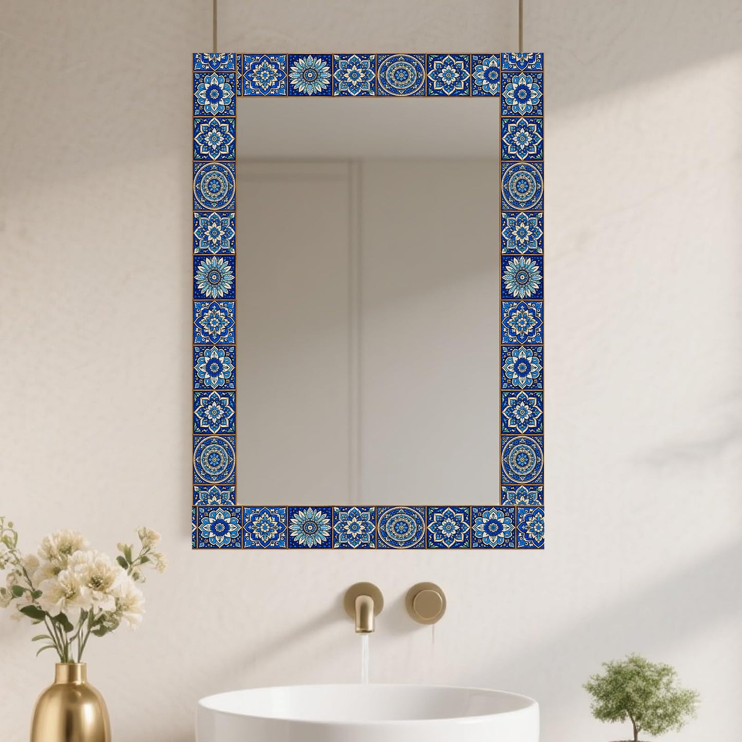 Nuxovilar Wallpaper Border Peel and Stick 3.94x16.4Ft PVC Removable Self-Adhesive Bathroom Kitchen Living Room (Blue White Moroccan Tile Pattern)