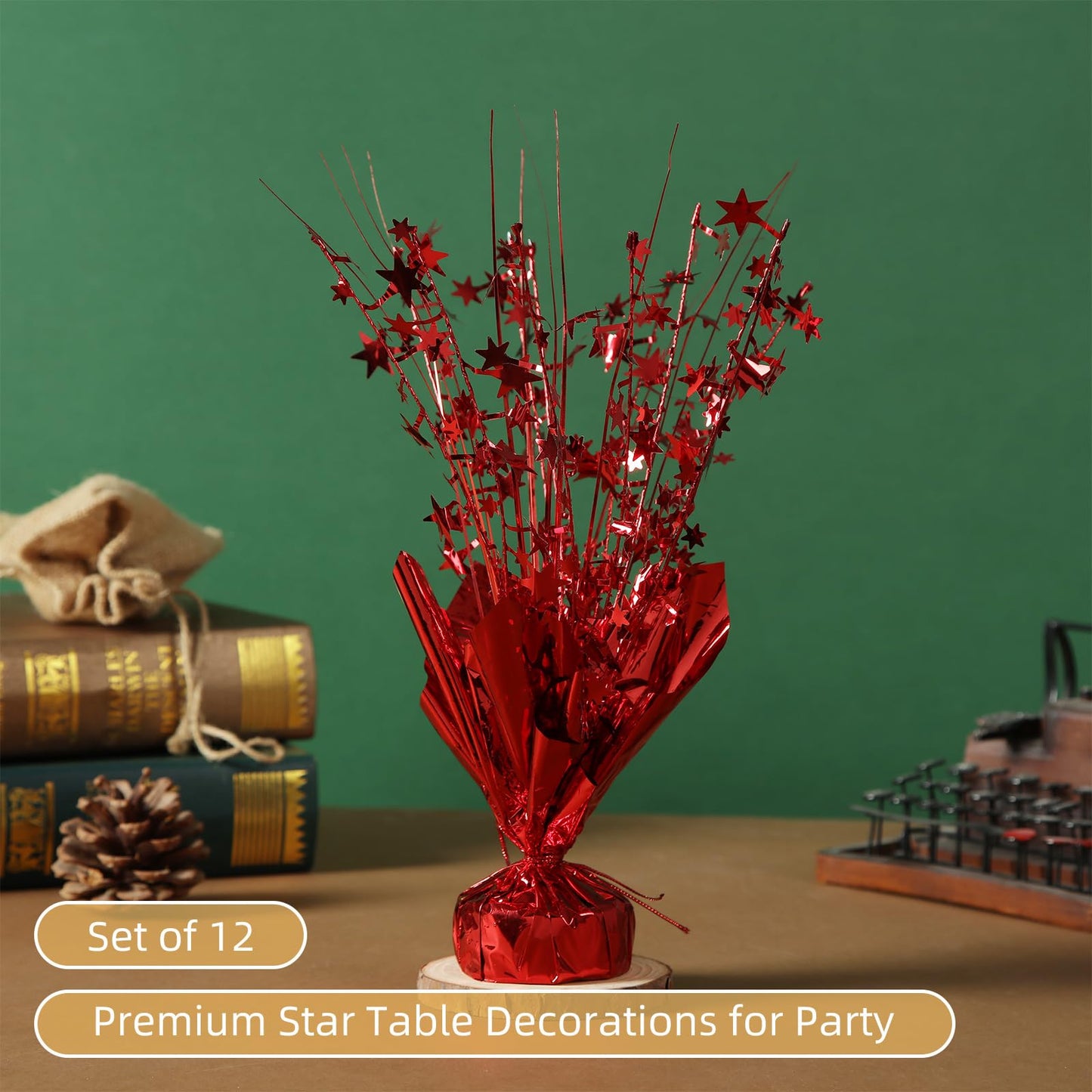Ohiyoo 12 Pack Red Metallic Foil Spray Centerpiece Star Table Decoration Burst Table Centerpieces for Birthday New Year Wedding Anniversary Graduation Party Supply (Red)