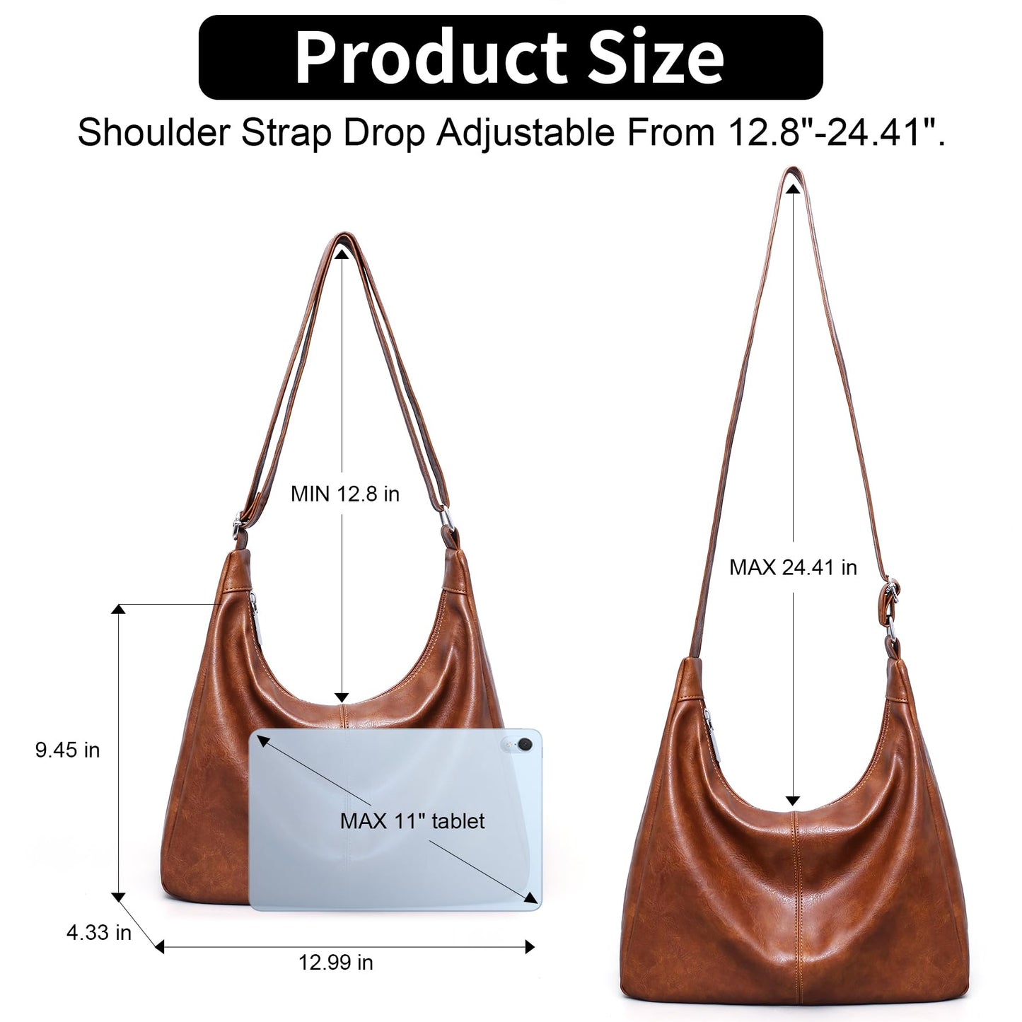 Hobo Bags for Women Vegan Leather Purses Slouchy Shoulder Bag Womens Tote Crossbody Foldable Ladies Handbag Brown