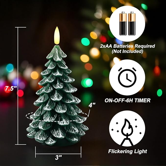 Christmas Decorations Indoor, Christmas Decor - Christmas Tree Candles Battery Operated, Flameless LED Candle Lights with 6H Timer, Xmas Home Decor, Set of 2(Green)