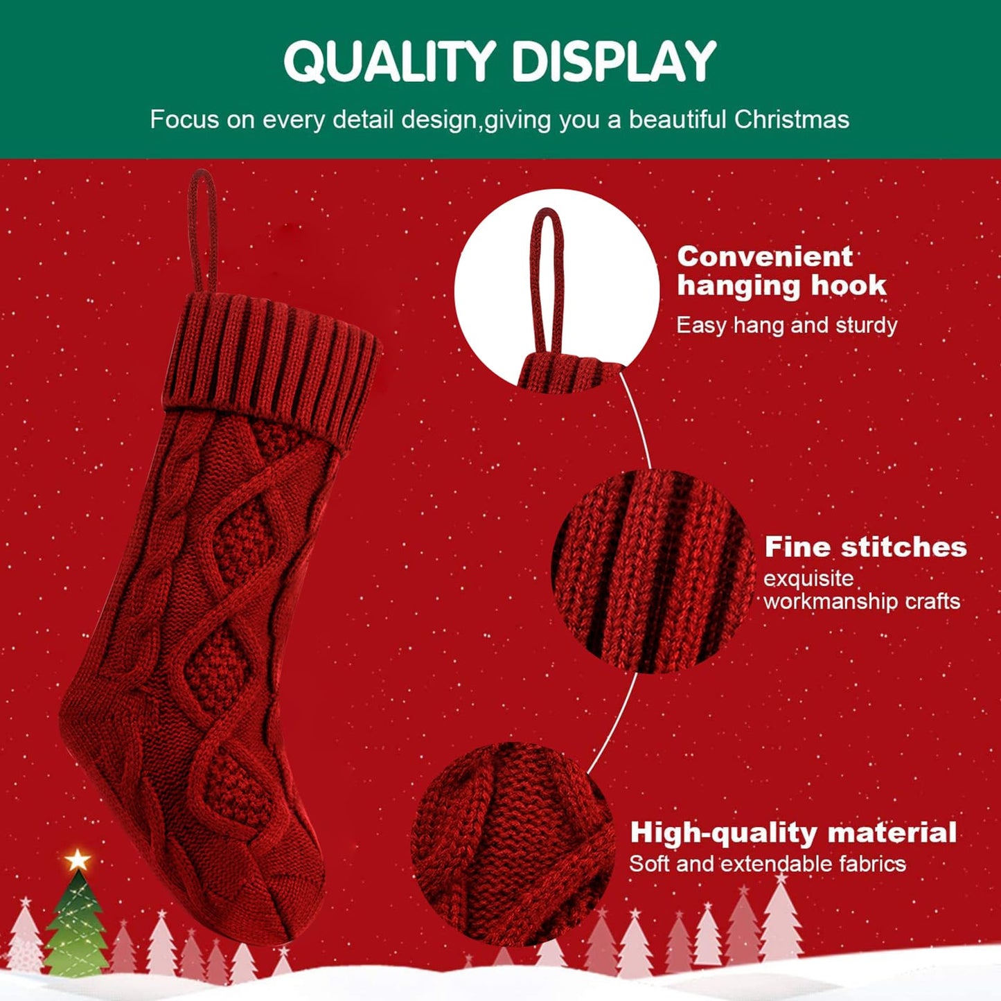 Fesciory Christmas Stockings, 3 Pack 18 Inches Cable Knitted Large Size Stocking Gifts & Decorations for Family Holiday Xmas Party (Burgundy&Ivory White and Green 18in)