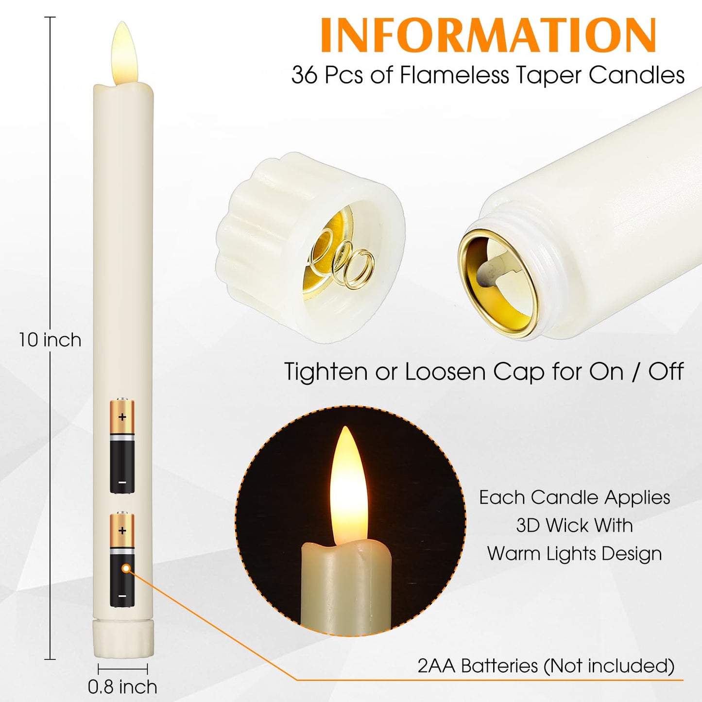 Reginary 36 Pieces Flameless Taper Candles 10 Inch Battery Operated LED Taper Flameless LED Candlesticks Flickering Window Candles for Christmas Home Wedding Decor(Ivory)
