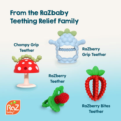 RaZbaby Chompy Teether – Soft Silicone Teething Toy for Infants & Babies 3M+, Massaging Bristles for Teething Relief, Hands-Free & Easy to Hold, Sensory Development, BPA-Free - Great Gift - Red/Green