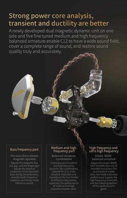 CCA C12 in-Ear Monitors, 5BA+1DD Hybrid HiFi Stereo Noise Isolating IEM Wired Earphones/Earbuds/Headphones with Detachable Tangle-Free Cable 2Pin for Musician Audiophile (with MIC, Amber Gold)