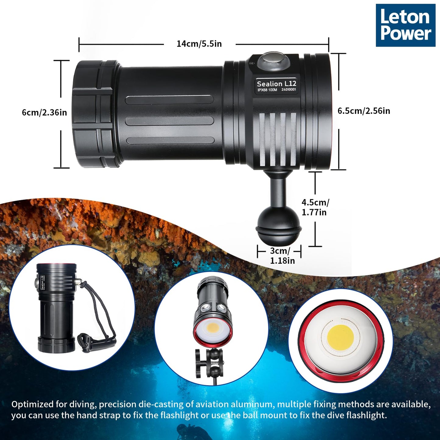 LetonPower Diving Flashlight, L12 8000Lumens Dive Light,100m Underwater Video Light, Scuba Dive Lights, Underwater Flashlight with Type-C Charging for Professional Under Water Sports