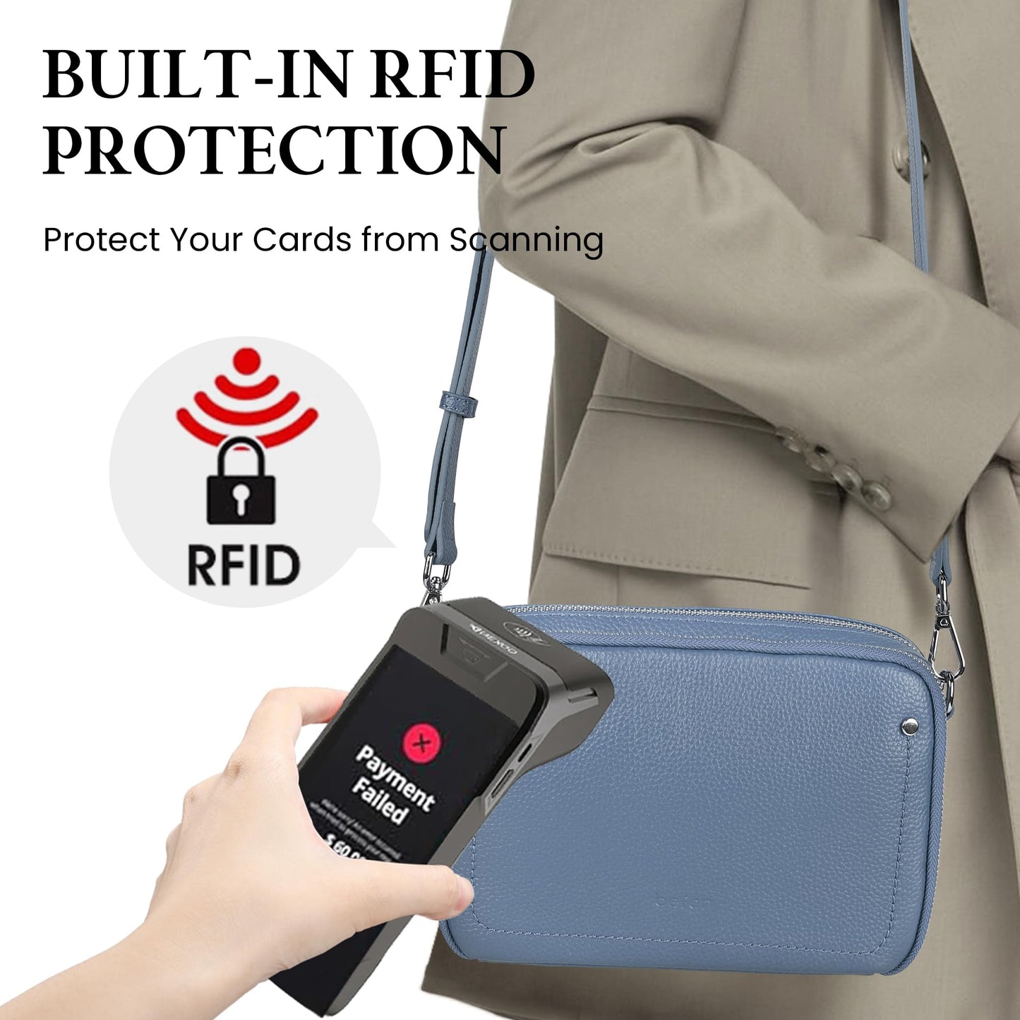 befen Genuine Leather Crossbody Bags for Women, Purses with Built in RFID Wallet Woman Camera Shoulder Bag Handbags Anti Theft Cross Over body Purses with Adjustable Strap, Grey Blue
