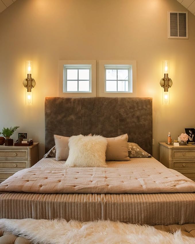 Wall Sconces Set of Two, ETL Certified, Gold Bathroom Wall Sconces with Clear Glass Modern Hardwired Wall Light fixtures for Bathroom Mirror Living Room Entryway Hallway(Bulbs Not Include)