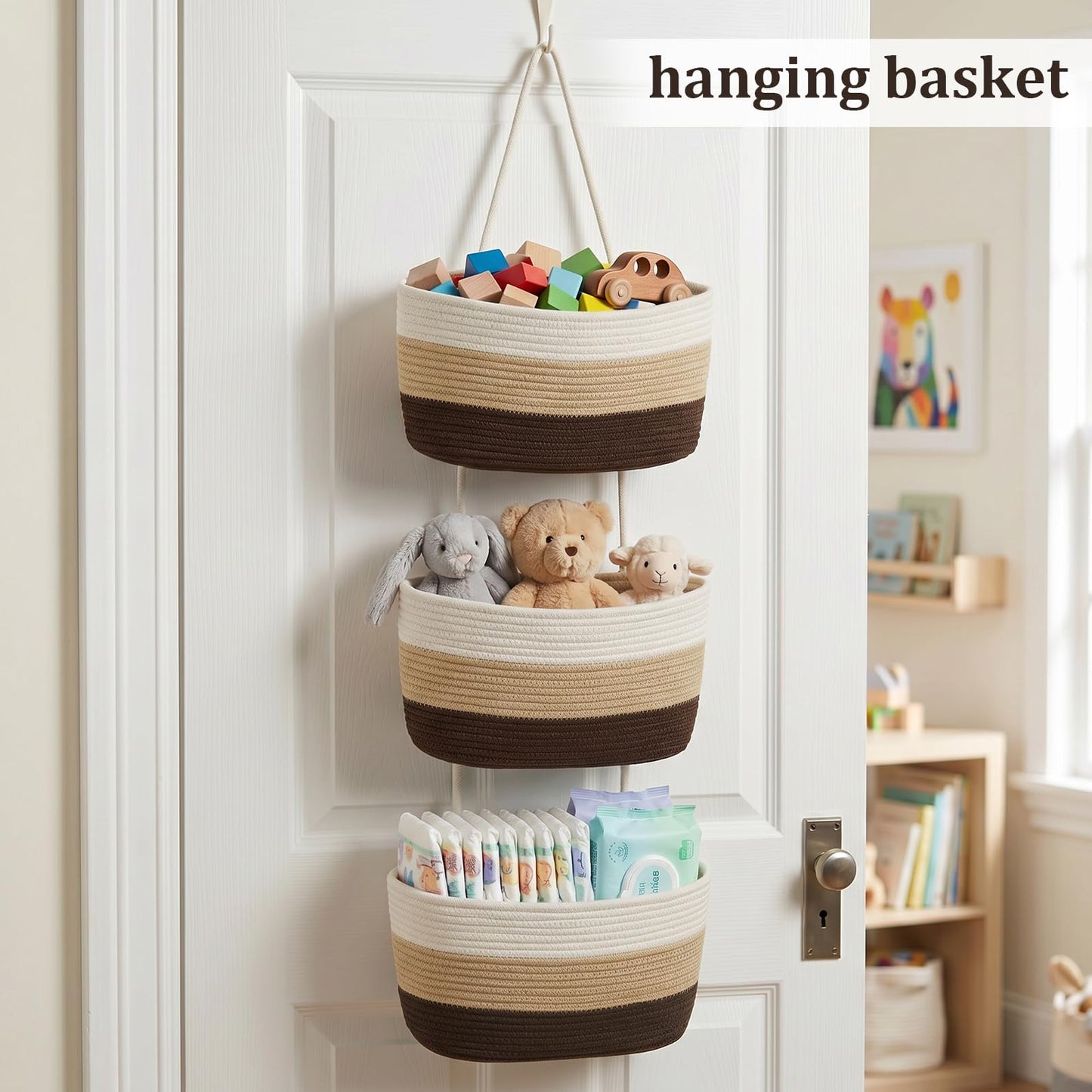 TeoKJ Over the Door Hanging Basket, 3-Tier Woven Cotton Wall-Mounted Storage Organizer Bag Decorative Hanging Nursery Baskets，Gradient Brown