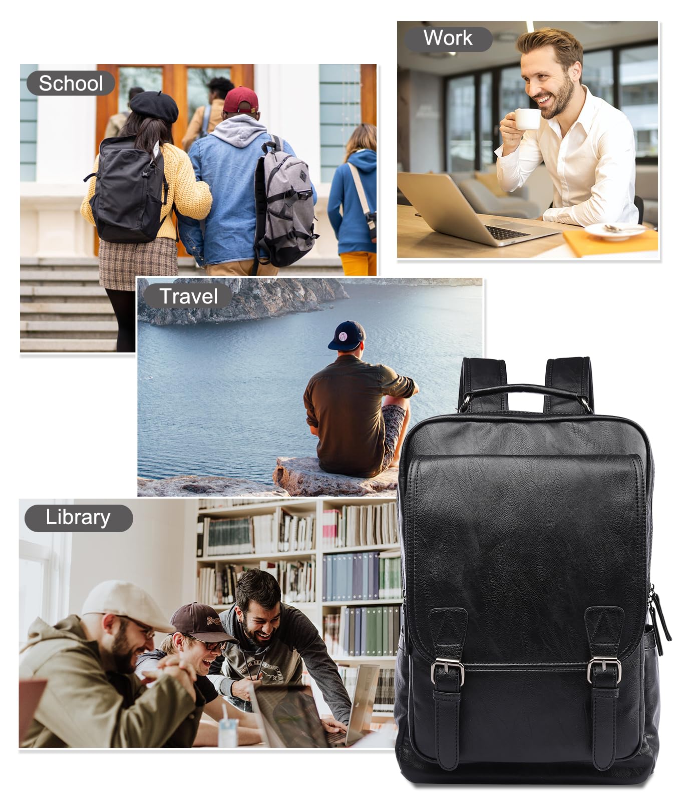 MOYYI Leather Backpack fits 15.6 Inch Laptop Vintage Backpack Waterproof Flap Bookbag for Men Leather Travel Backpack for Men Casual Knapsack Black