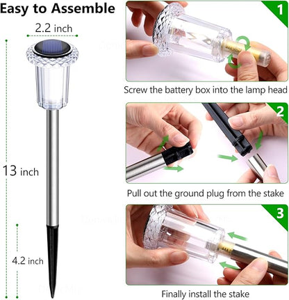 DenicMic Solar Lights Outdoor 10 Pack Waterproof 3000K Warm White LED Acrylic lamp Head Stainless Steel Stake for Landscape Lighting Path Walkway Sidewalk Backyard Patio Christmas Decor