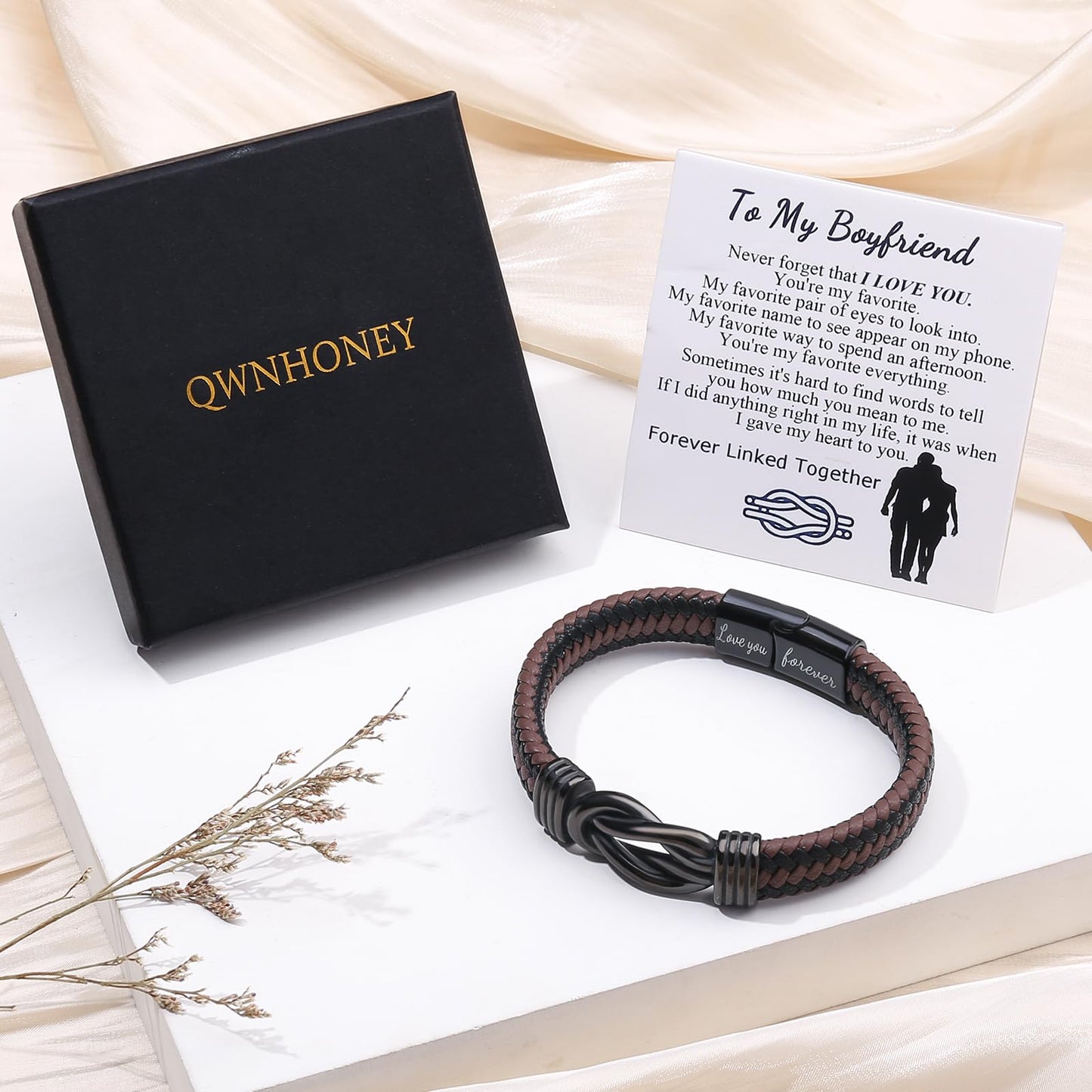 QWNHONEY Boyfriend Birthday Gift Ideas Infinity Knot Leather Christmas Anniversary Mens Brown Braided Cuff Bracelet 8.5 Inches