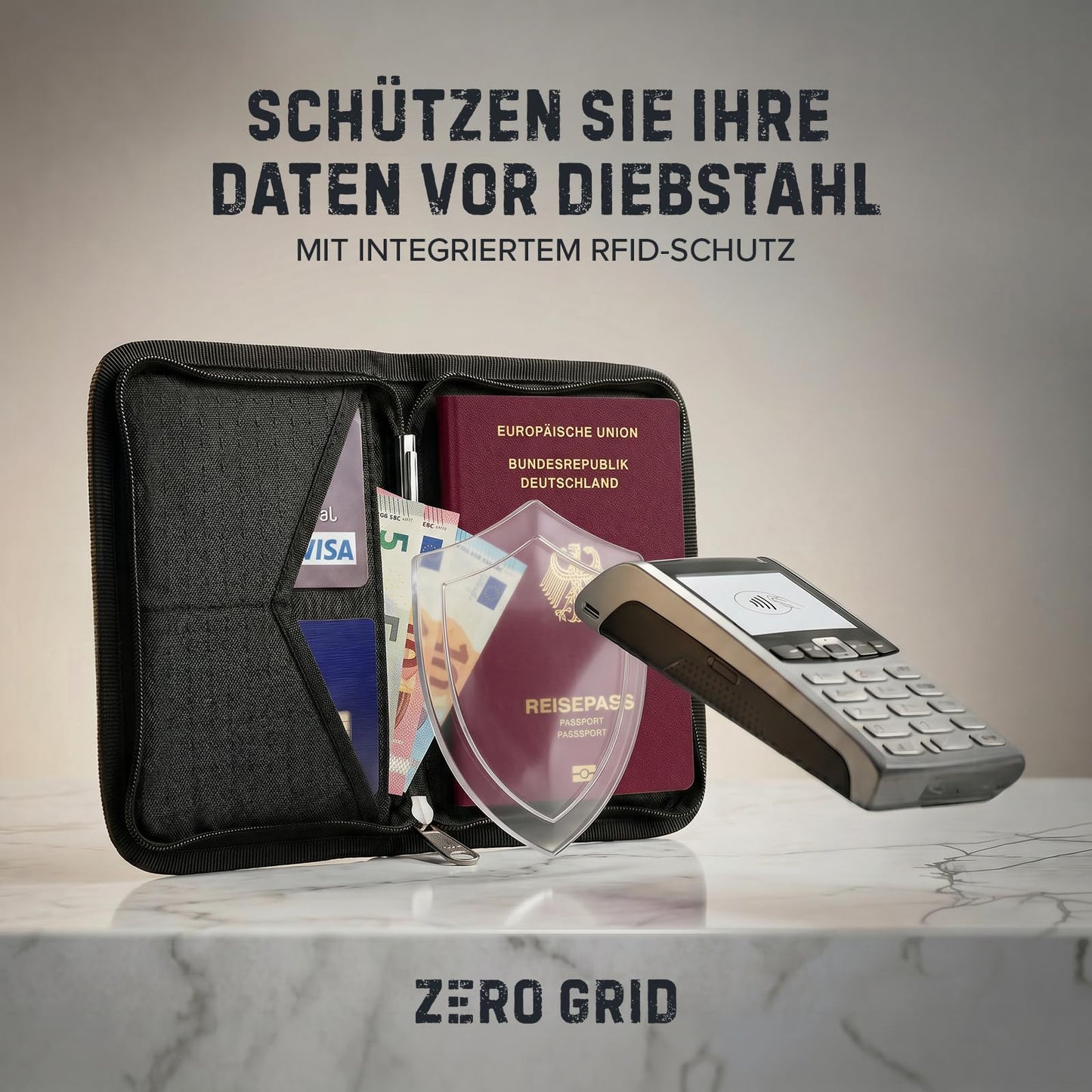Zero Grid RFID Passport Holder & Travel Wallet, Zippered Wallet for Men & Women, Fits Passport, Cards, Cash, Tickets, ID, Sim Card; Premium & Compact Travel Document Holder - Midnight Black