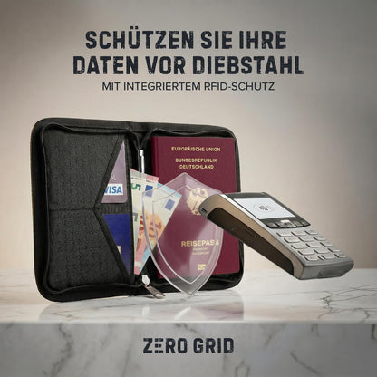 Zero Grid RFID Passport Holder & Travel Wallet, Zippered Wallet for Men & Women, Fits Passport, Cards, Cash, Tickets, ID, Sim Card; Premium & Compact Travel Document Holder - Midnight Black