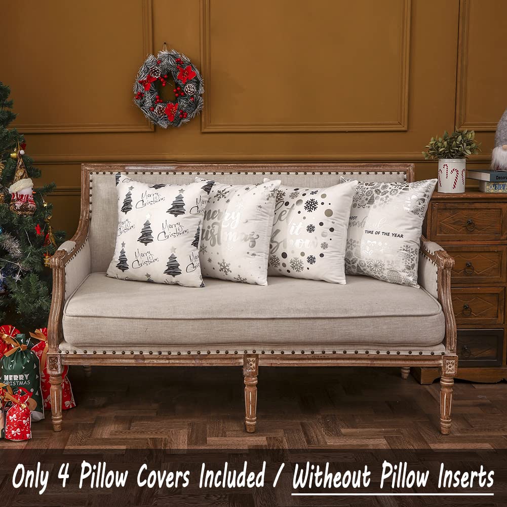 JOJOGOGO Christmas Decorations Silver and White Christmas Pillow Covers 18x18 Set of 4, Silver Xmas Decor Snowflake Christmas Tree Let It Snow Decorative Throw Pillows for Bedding Couch Sofa