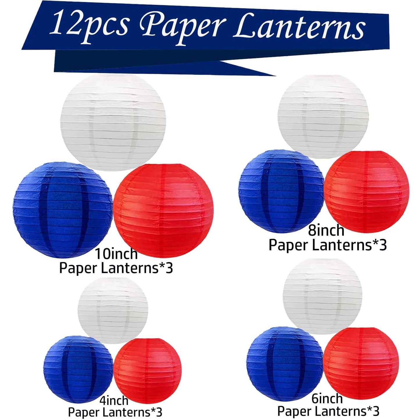 KUNYYI Red -White and Blue Paper Lanterns 12Pcs Hanging Lanterns for Birthday Party, Wedding, Home Decor, Baby Shower Festive Decoration