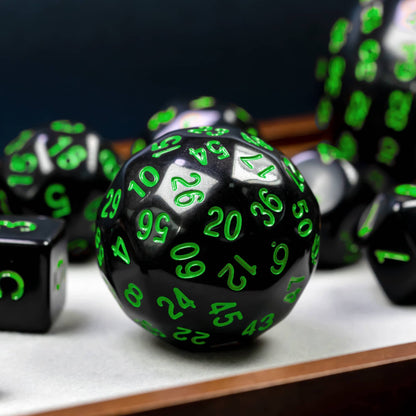 Poludie 15 Pieces Complete Polyhedral DND Dice Set D3-D100 Spherical D&D Dice Set with Dragon Eye Dice Bag, D100 Dice for Dungeons and Dragons, RPG Table Games(Black w/Green Numbers)