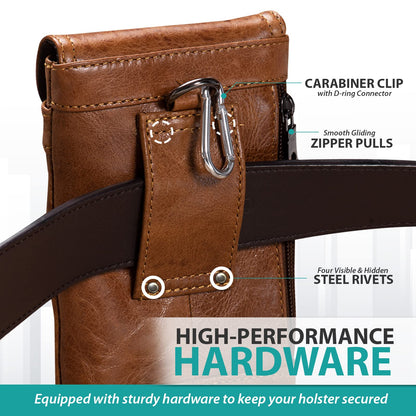 Hengwin Leather Cell Phone Holster Fit for iPhone 17 16 Pro 15 Pro 14 Pro 13 Pro 12 Pro Samsung Galaxy S24 S25 Pouch Case with Belt Clip Loop Card Holder, Waist Purse Mobile Phone Bag for Belt (Brown)