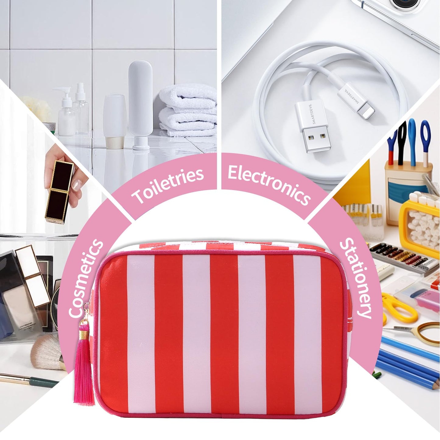 EMBRUNIOICE Stripe Makeup Bag Travel Cosmetic Bag Organizer Tassel Toiletry Bag Large Canvas Zipper Pouch and Accessories Storage Bag for Women (Red with Pink)