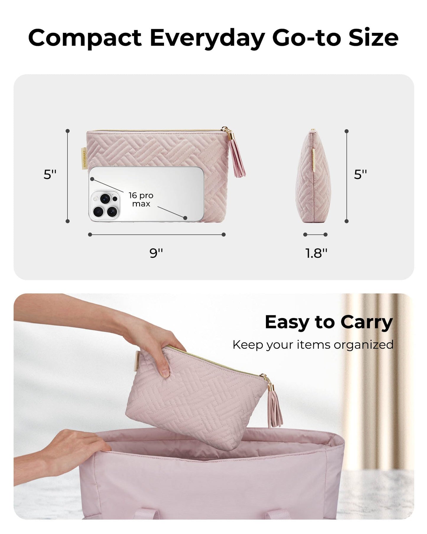 BAGSMART Small Makeup Bag, Elegant Cosmetic Pouch with Tassel, Soft Water-Resistant Travel Organizer for Women, Cosmetics & Everyday Essentials, Pink