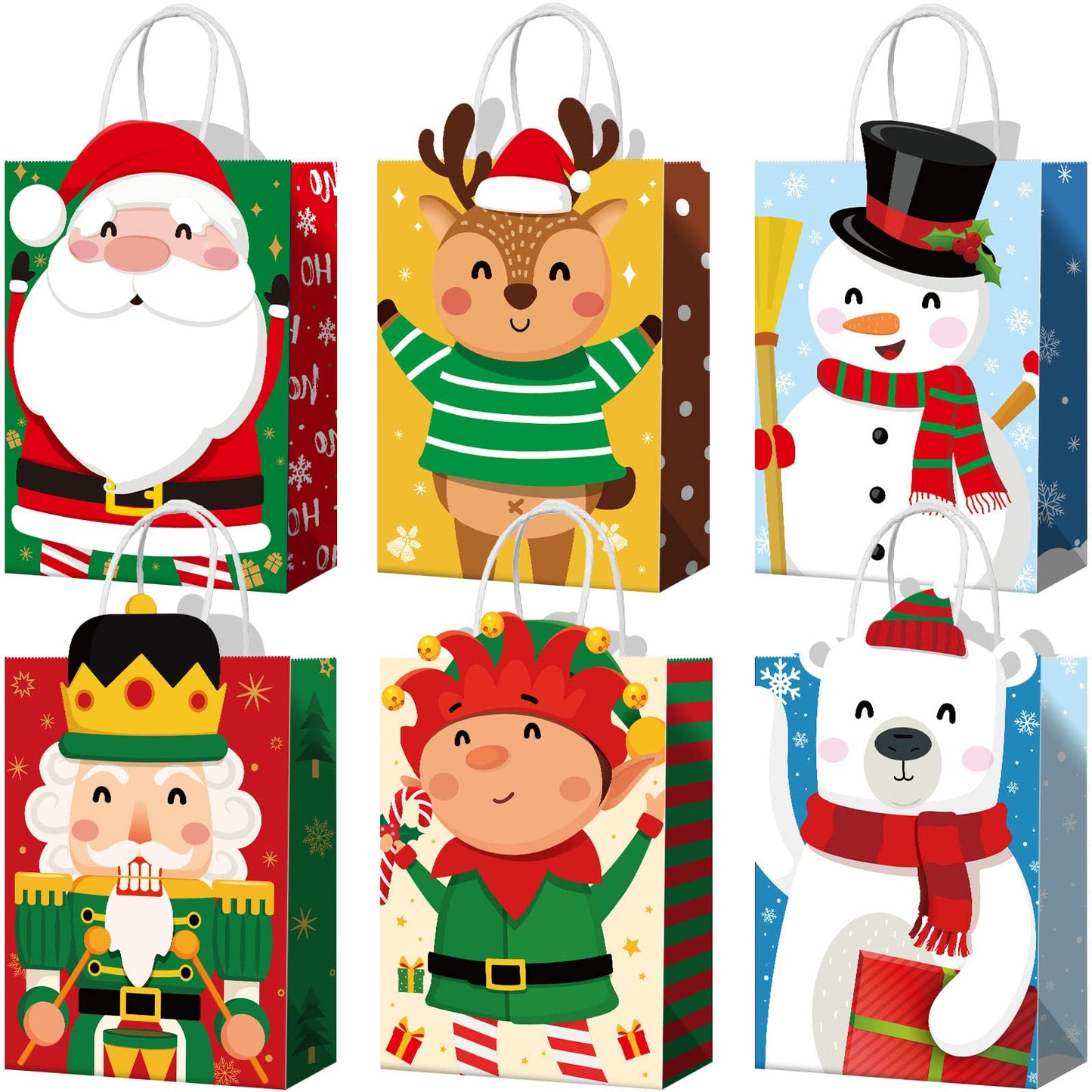 Funrous 18 Pack 36 Pack Christmas Gift Bags 6 Designs Christmas Kraft Paper Bags Xmas Treat Goodie Favors with Handles for Winter Holiday Snacks Gift Party Supplies, 8.6 x 6.3 x 3.2 Inch