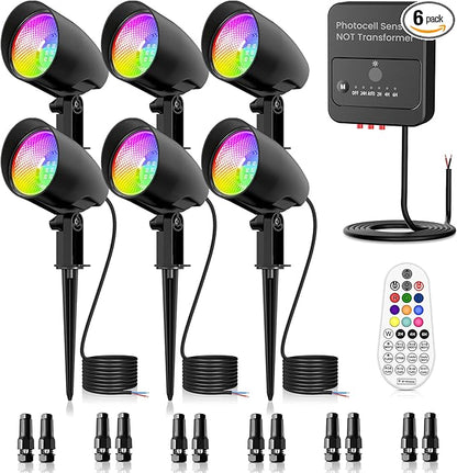 ZZXX 20W RGB Halloween Color Changing Landscape Lights Low Voltage Landscape Lighting IP66 Waterproof LED Outdoor Spotlight with Photocell Sensor for Patio Garden Yard Christmas Decoration (6 Pack)