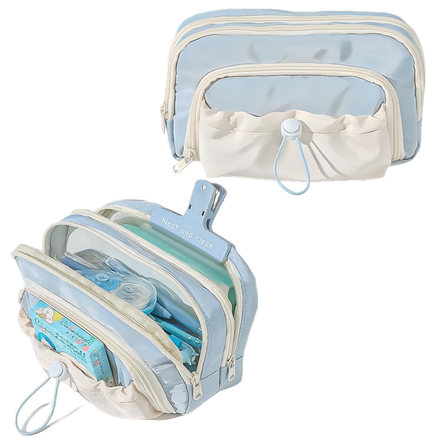 Vobomo Pencil Case Big Capacity Pen Holder Large Opening Pencil Pouch Box Cute Aesthetic Drawstring Pen Case (Blueberry Blue)