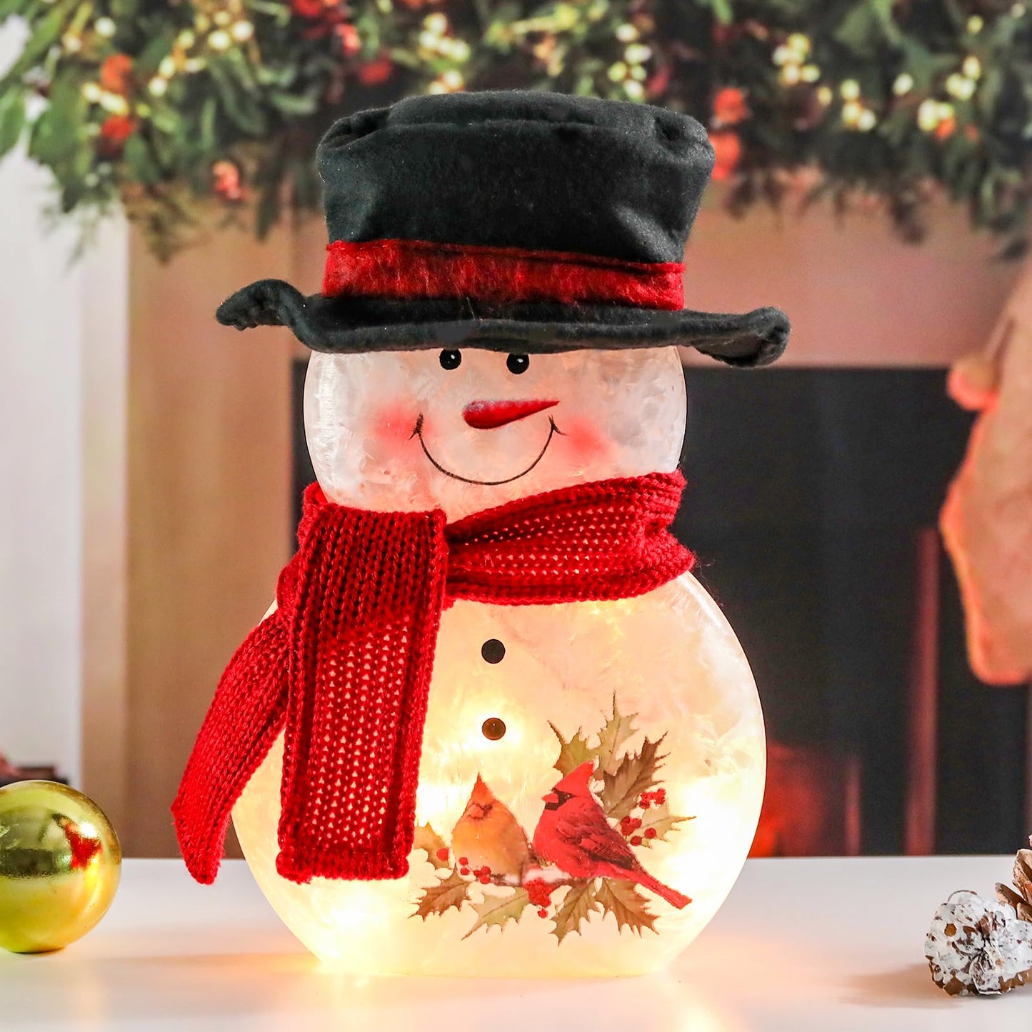 Yinns Lighted Christmas Snowman Lamp, Glass LED Light up Snowman Decor with Hand Painted, Christmas Decorations Night Light with Hat and Scarf, Xmas Holidays Home Decor
