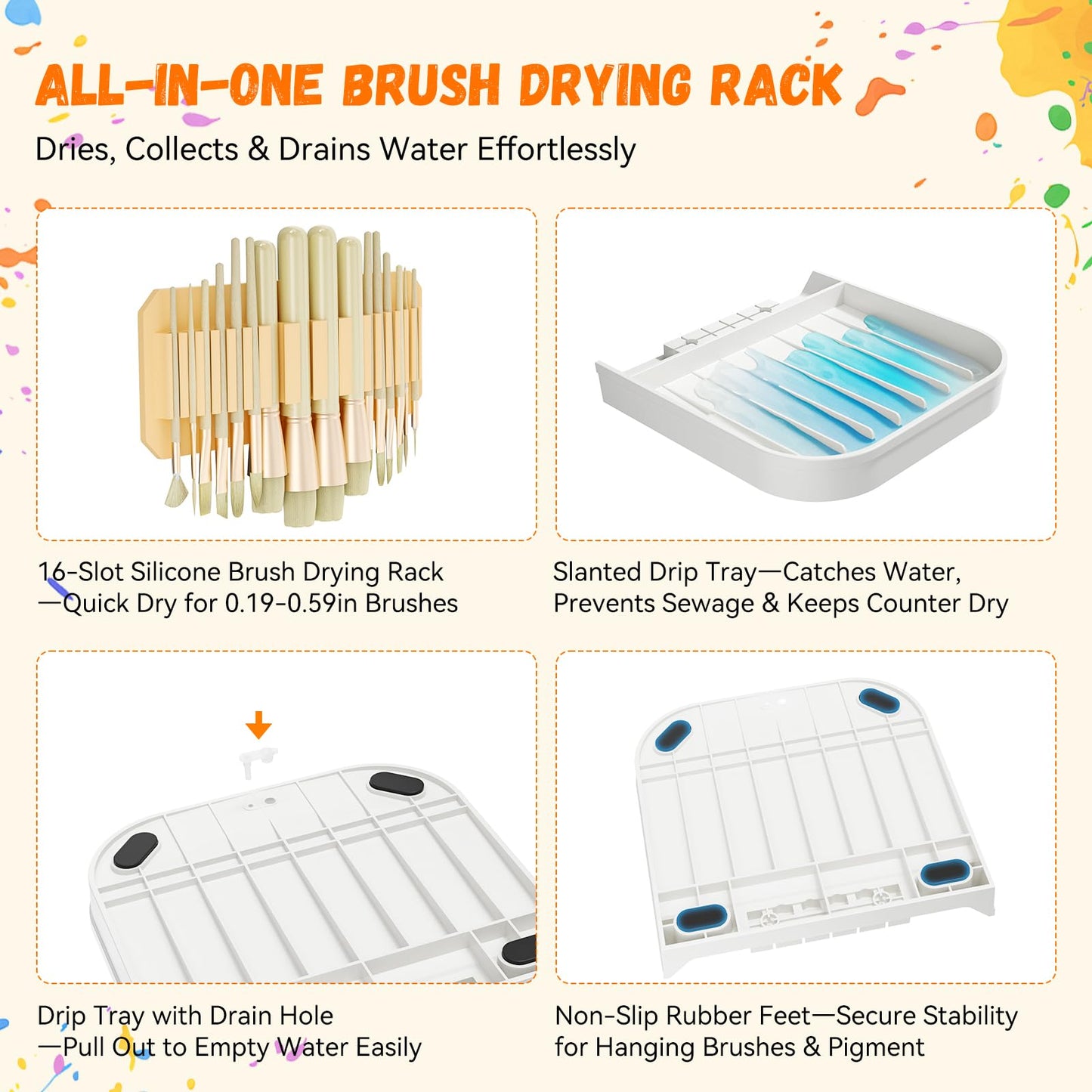 Paint Brush Holder with Drip Tray & Silicone Paint Brush Drying Rack,2 Removable Pegboard Bins for Artist Brush Holder,Paint Brush Stand White Pegboard for Desktop & Wall-Mount for Acrylic Paint Brush