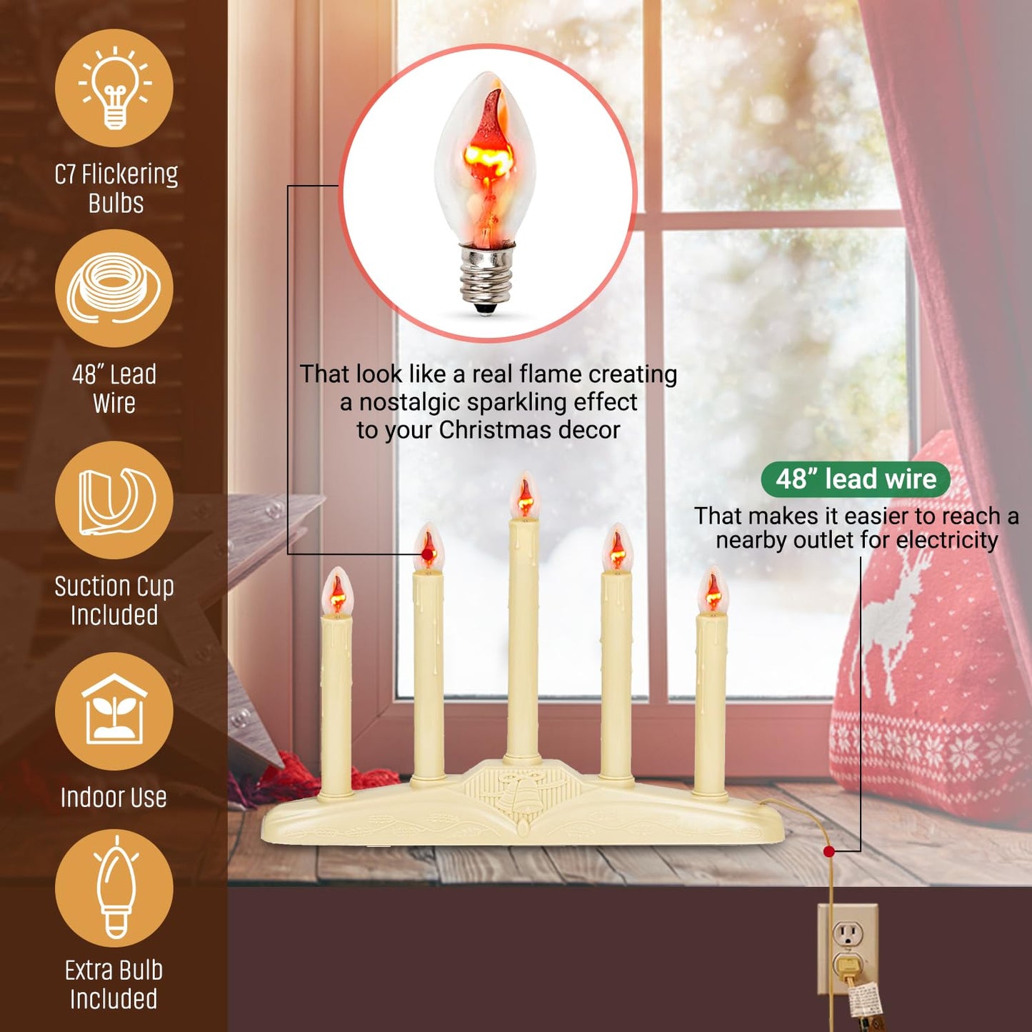 Tupkee Christmas Candolier Window Candles – with Flickering Bulbs – 5-Lights Indoor - Flameless Electric Window Candles Candelabra