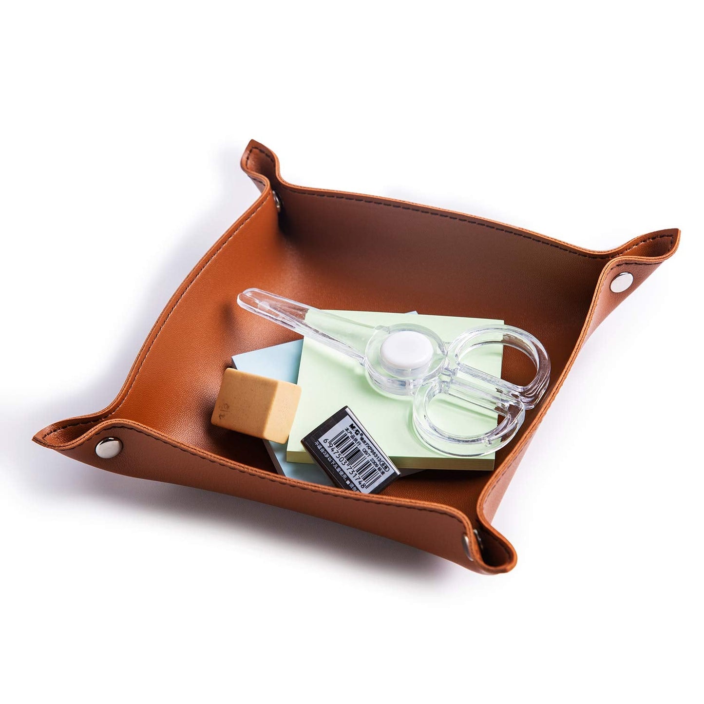 SANQIANWAN PU Leather Jewelry Valet Tray for Women and Men, Portable Entryway Table and Bedside Nightstand Desk Catchall Travel Dish Plate for Key, Wallet, Watch, Coin (Brown-B)