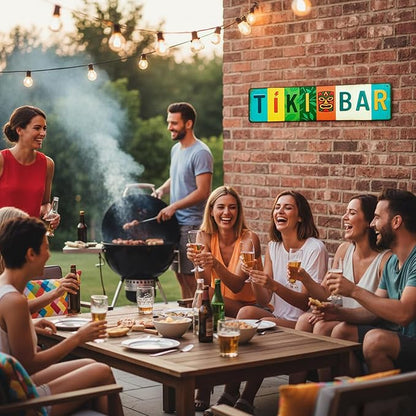 Tiki Bar All-Aluminum Metal Sign – Tropical Wall Decor for Home Bar, Patio, Poolside, Garden, Outdoor Party Decorations – 16 x 4 Inch