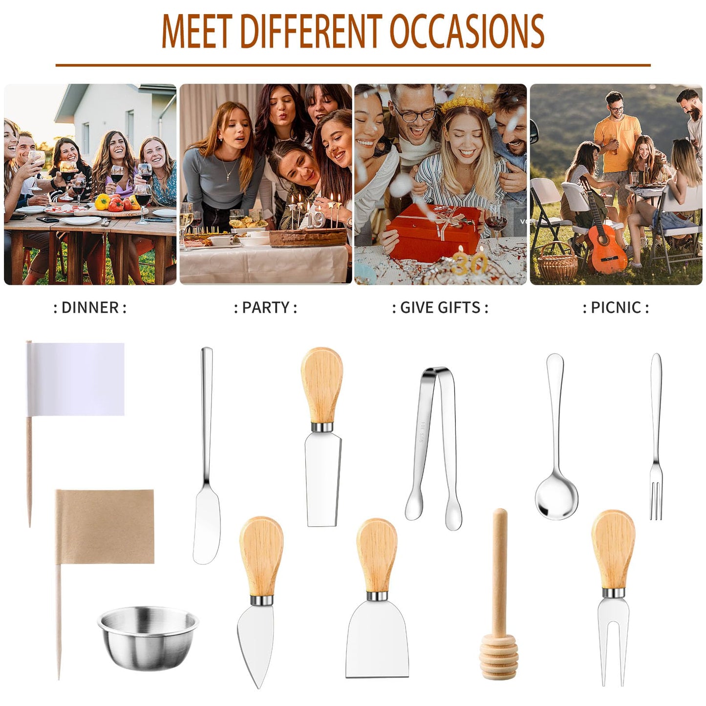 48 Pcs Charcuterie Boards Accessories Butter Spreader Knives Set Stainless Steel Cheese Mini Serving Tongs Spoons Forks Dipping Bowl Toothpick Flags Utensil for Pastry Making Wedding Christmas(Sliver)