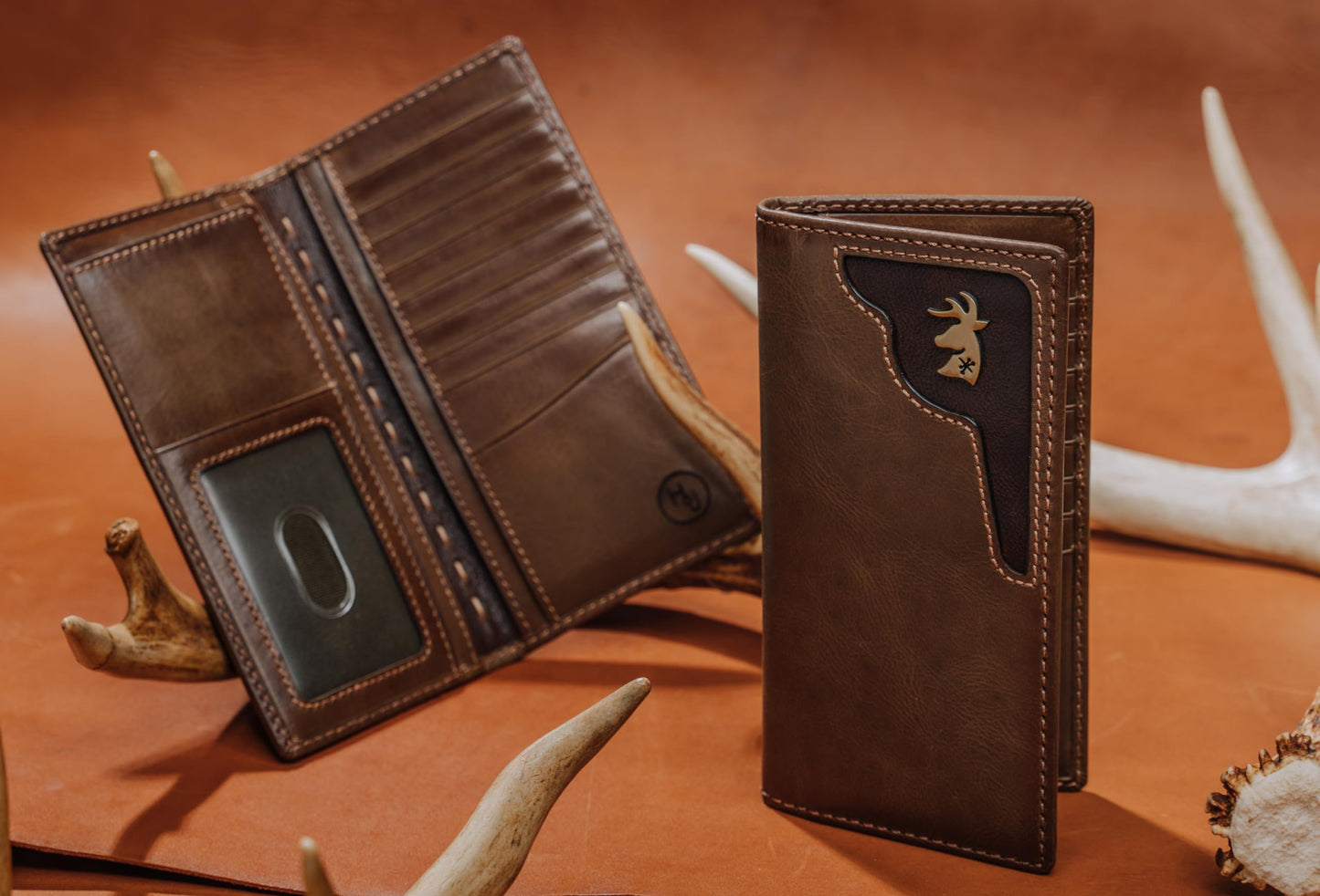 House of Jack Co. Deer Ornament Long Bifold Wallet for Men, Full Grain Cowhide Leather Rodeo Wallet, Hunting & Outdoorsman Tall Wallet, Brown