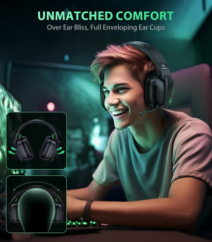Vakedy HW11 Wireless Gaming Headset for PS5,PS4,PS4 Pro, Switch,Mac,Bluetooth 5.3 Gaming Headphones with Noise Canceling Mic,Gamer Headphones for PC,50Hr Battery (Black)
