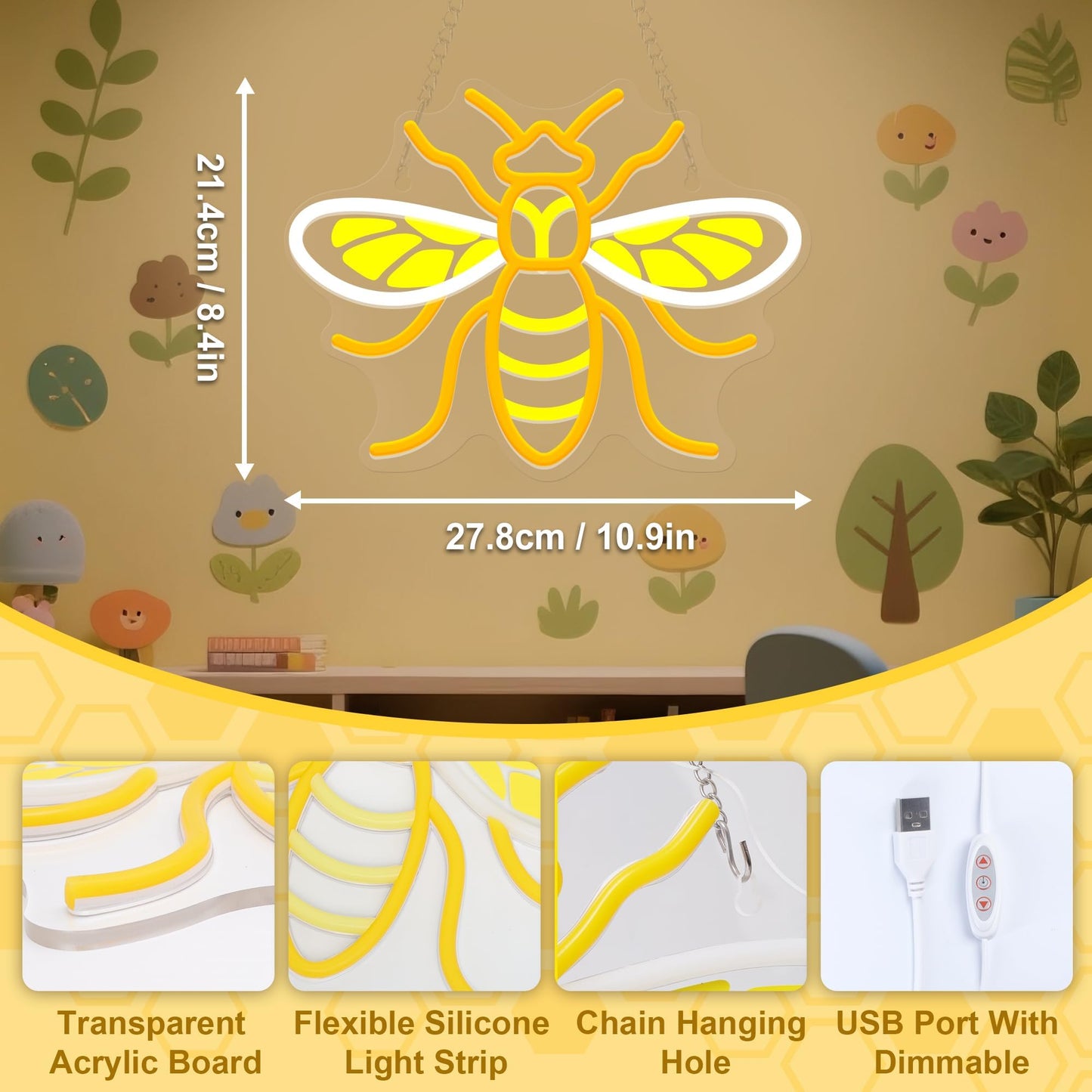 Attivolife Bumble Bee Neon Sign for Wall Decor, Light up LED Animal Neon Lamp with Dim USB Powered, Home Bedroom Classroom Party Stuff, Birthday Xmas Gifts for Kid Girl Boy Beekeeper