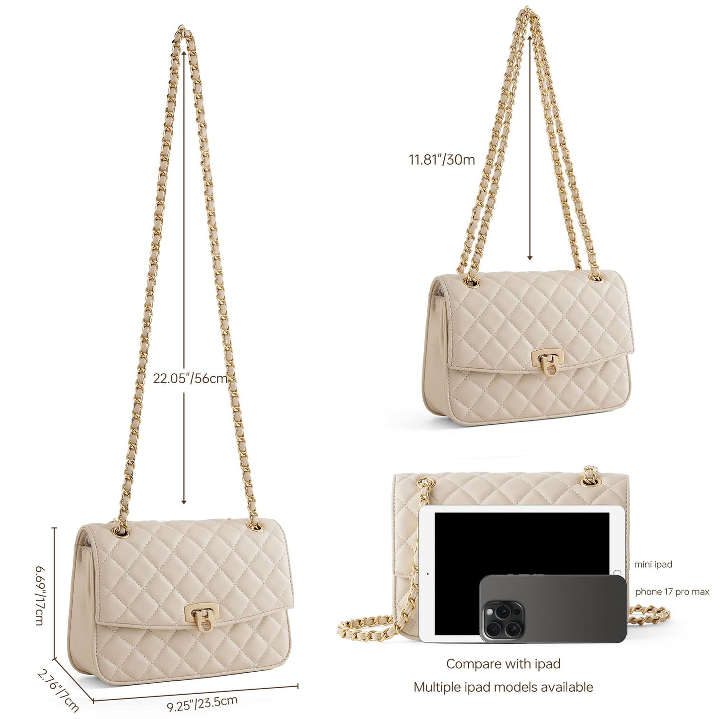 GEMIU Quilted Small Purses for Women Crossbody Women's Shoulder Handbags Womens Clutch Purses with Gold Chain Dressy Beige