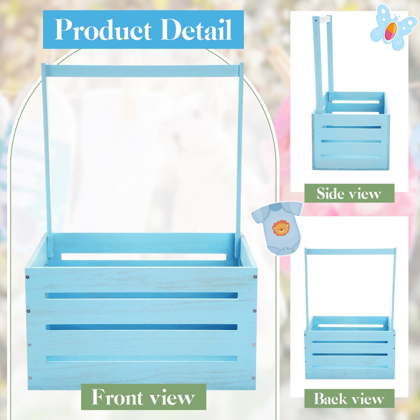 Suzile Wooden Baby Shower Crate Closet Wood Basket for Gifts with Handle Boy Girl Clothes Gender Reveal Storage Box for Newborn New Parent(Blue)