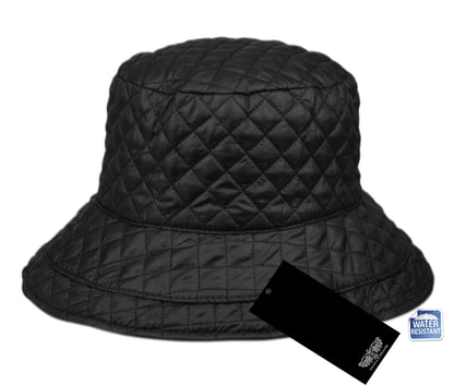 Foldable Water Repellent Quilted Rain Hat w/Adjustable Drawstring, Bucket Cap (Black)