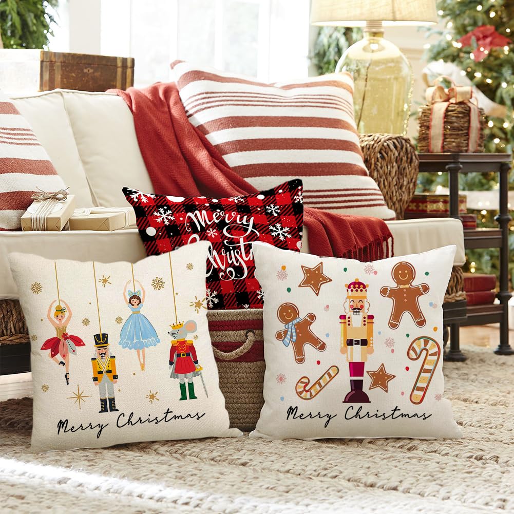 Christmas Pillow Covers 18x18 Inch Set of 4 Nutcracker Christmas Decorations Gold Gingerbread Merry Christmas Throw Pillow Cases Xmas Outdoor Winter Decor Decorative Pillows for Couch Holiday Party