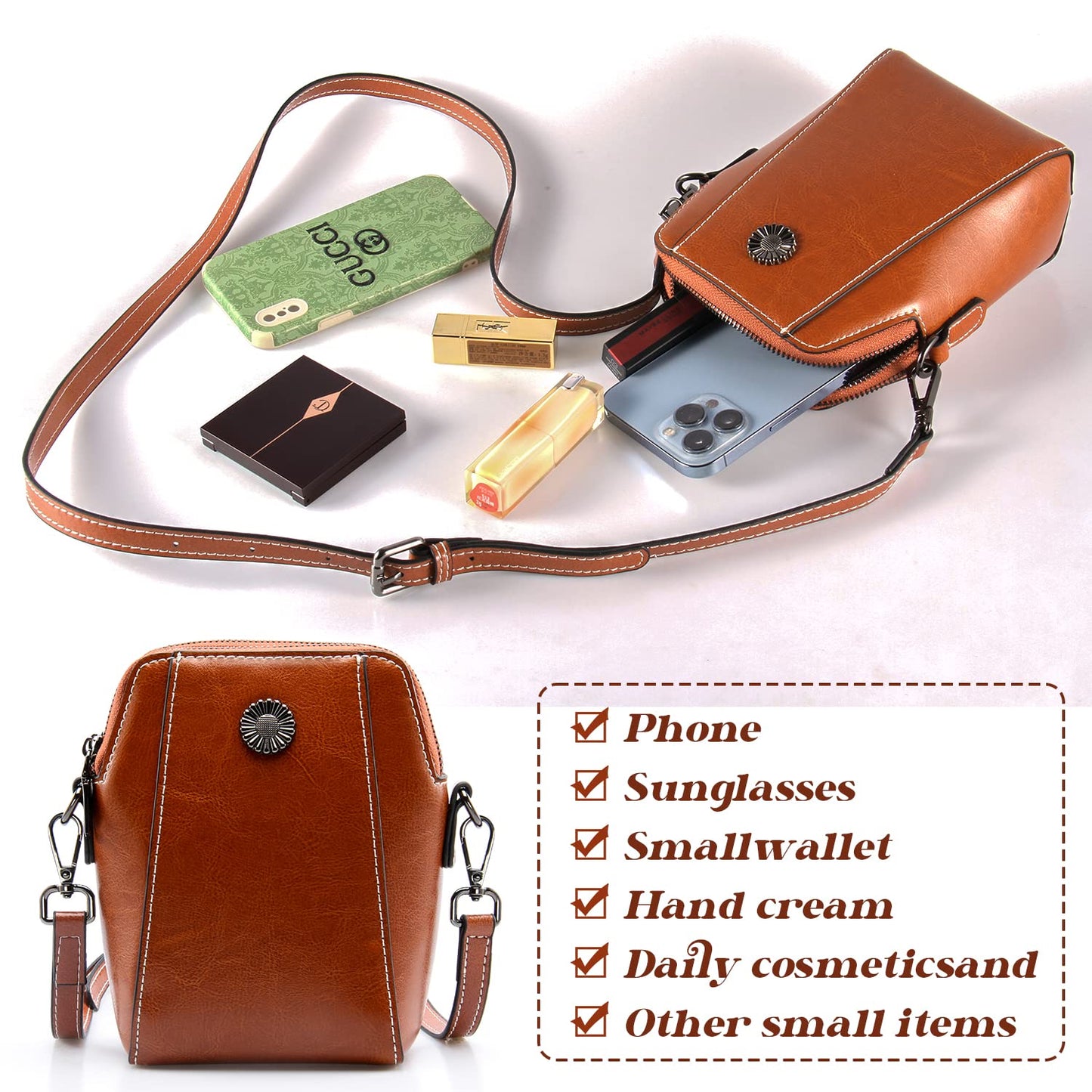 Designer Leather Small Crossbody Bags Purses for Women Cell Phone Bag Soft Women's Shoulder Handbags Gifts for Women (Brown)