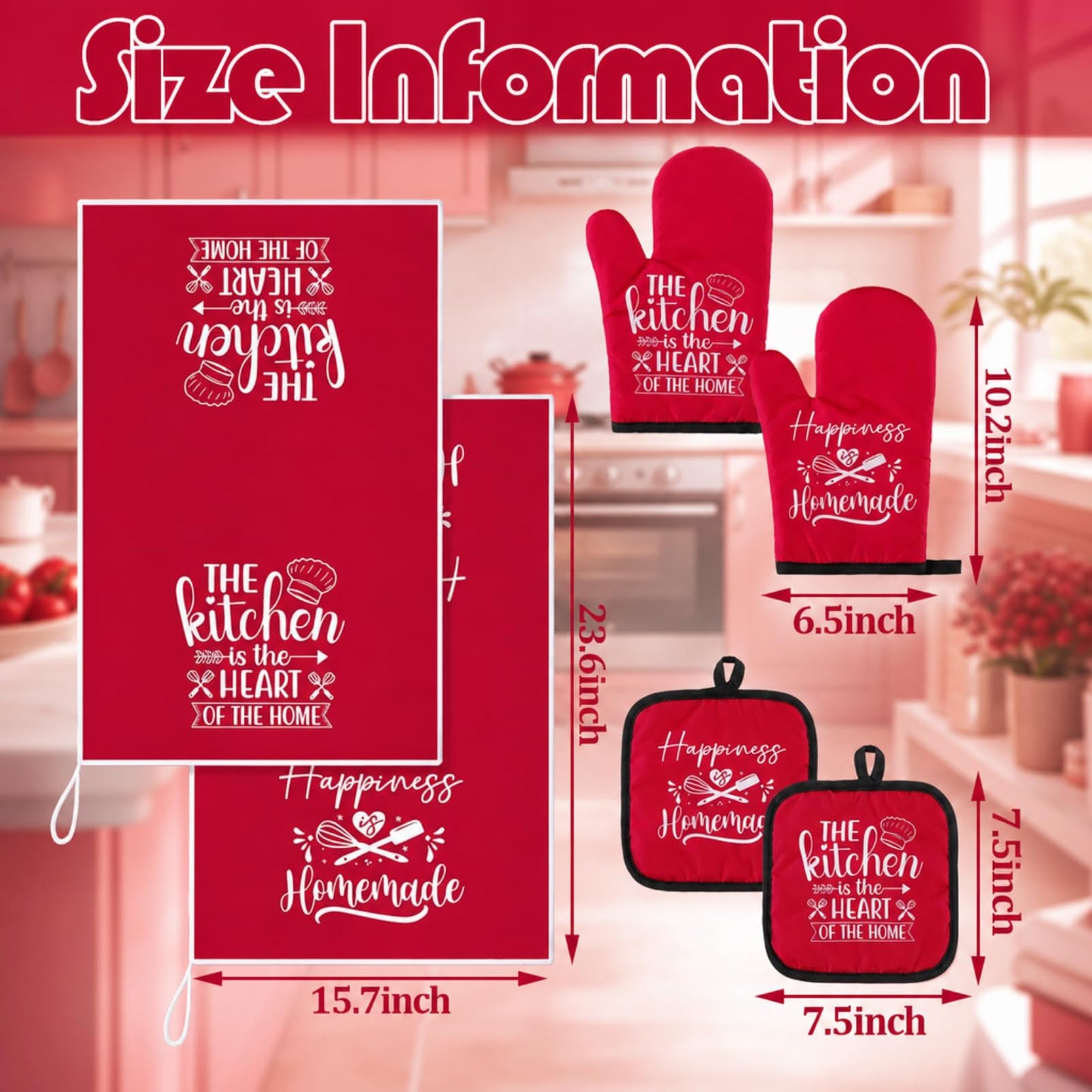 Sratte 6 Pcs Kitchen Decor Accessories Set Farmhouse Towels Pot Holders Oven Mitts Set 2 Dish Towels 2 Potholders 2 Cooking Mittens Oven Glove for Christmas Baking Cooking Supply(Red,Kitchen)